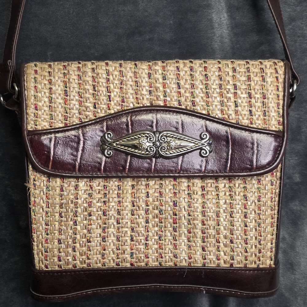 Marlo Woven Straw Leather Crossbody Purse Handbag.